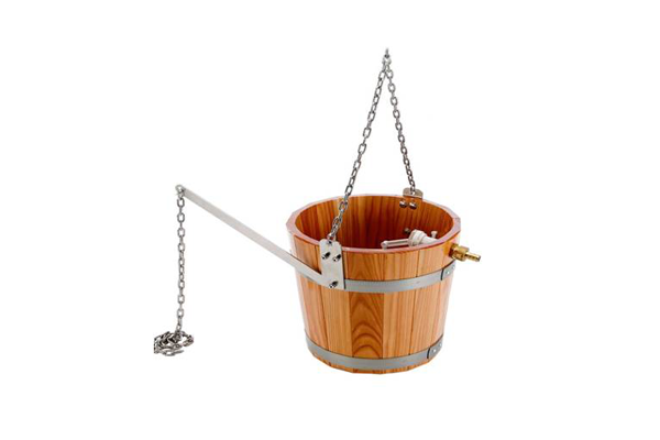 Wooden bucket with hanging chain 